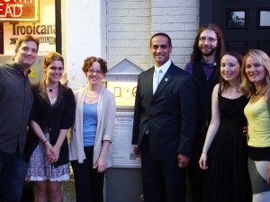 From left to right, Micro Mµseum inaugural show artists Ted Ollier, Emily Garfield, Mara Brod (not pictured: Grace Durnford); Mayor of Somerville Joe Curtatone; Mµseum engineer Steve Pomeroy; Mµseum curator and designer Judith Klausner; and Rachel Strutt of Somerville Arts Council